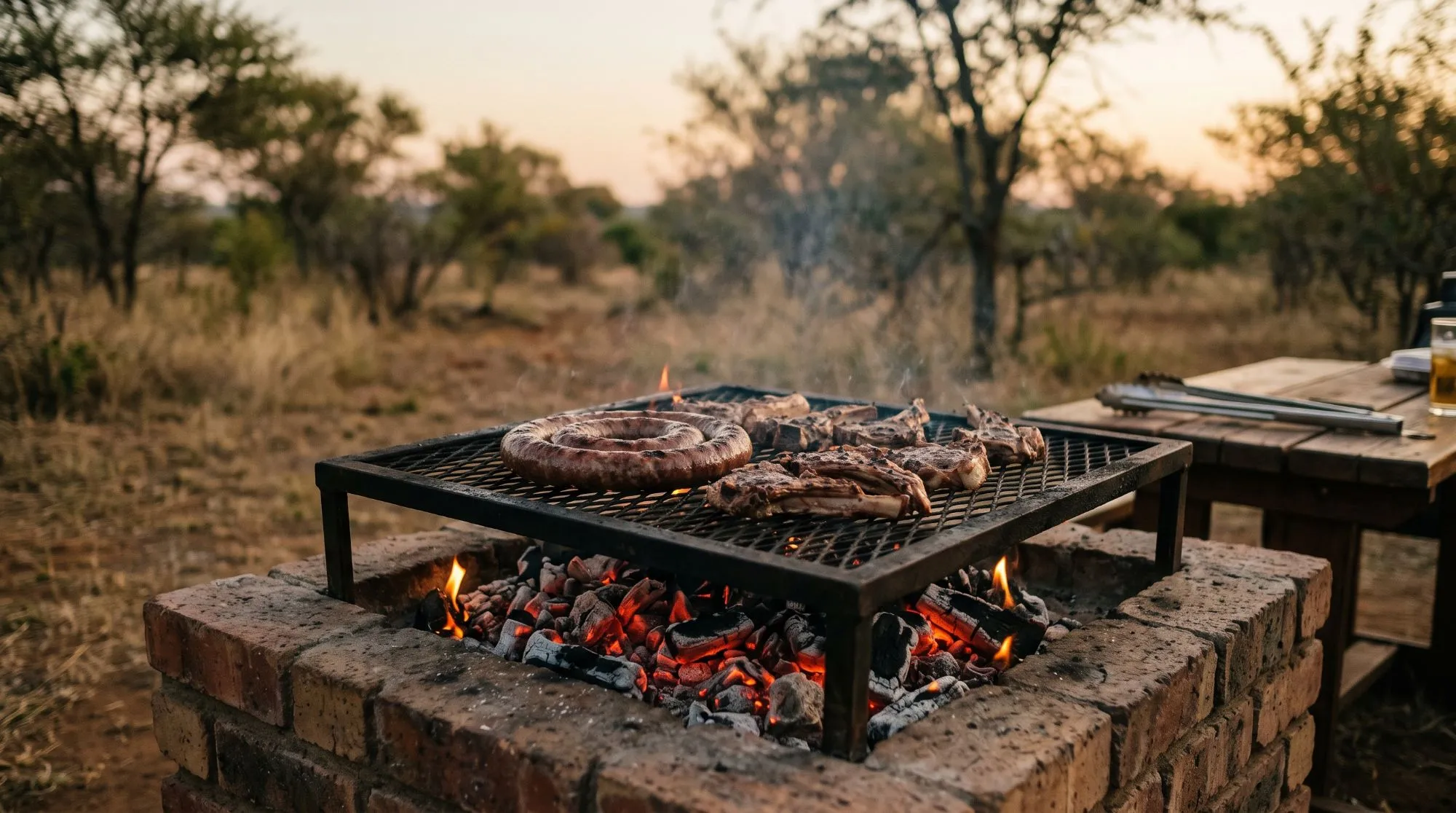 Lamb chops and boerewors on a braai grid over glowing coals