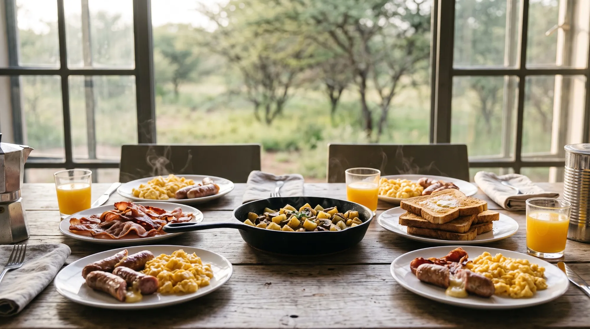 Breakfast table with scrambled eggs, bacon, sausages, toast, orange juice and a pan of potatoes with mushrooms